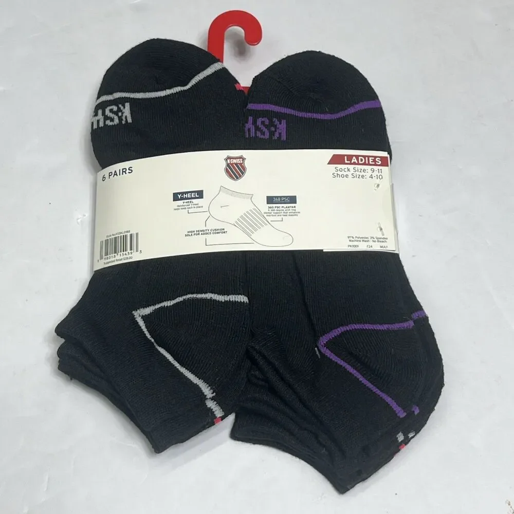 K‎ Swiss Women's No-Show Socks 6 Pack Medium 4-10 Black Flow Cool $28 Arch Ring
